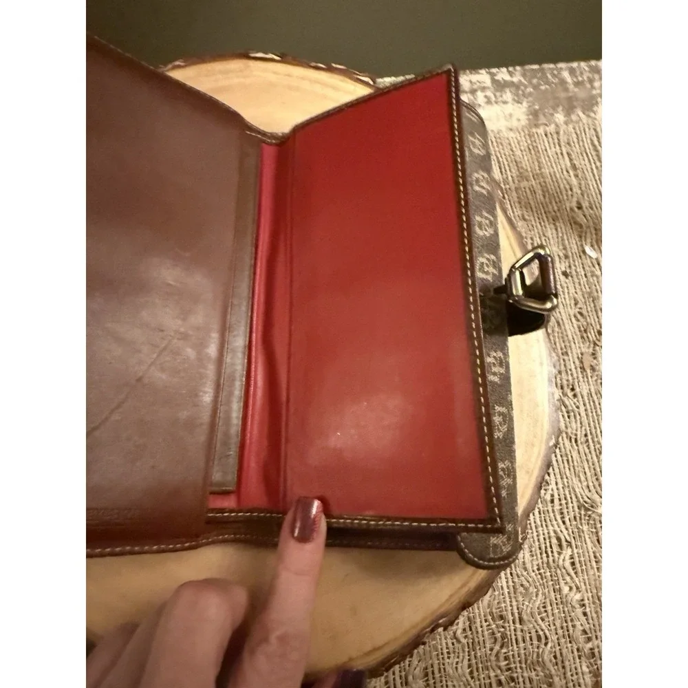 Vintage Dooney & Bourke Brown Leather Canvas Logo Trifold Checkbook Wallet
